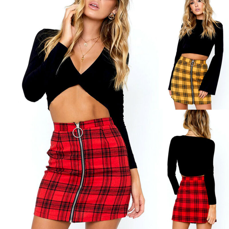 

Women High Waist Zipper Short Mini Skirt Girls Casual A-Line Pencil Plaid Skirt, Red