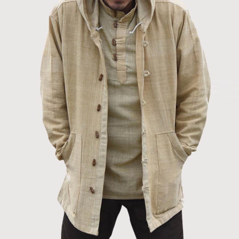 

Mens Ethnic Style Hooded Jackets Long Sleeve Loose Casual Autumn Solid Color Thin Coat With Button Plus Size 5XL Male Outwear, Khaki