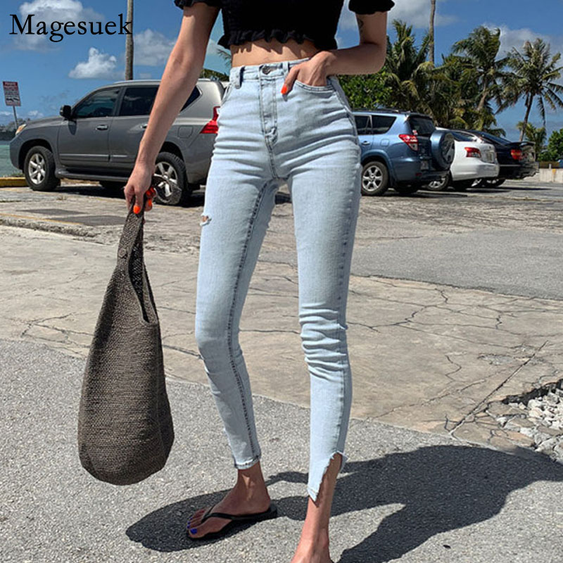 

2020 Fall Women Trousers Streetwear High Waist Stretch Skinny Women Jeans Pants Split Cuff Ripped Hole Female Pencil Jeans 10397, Sky blue