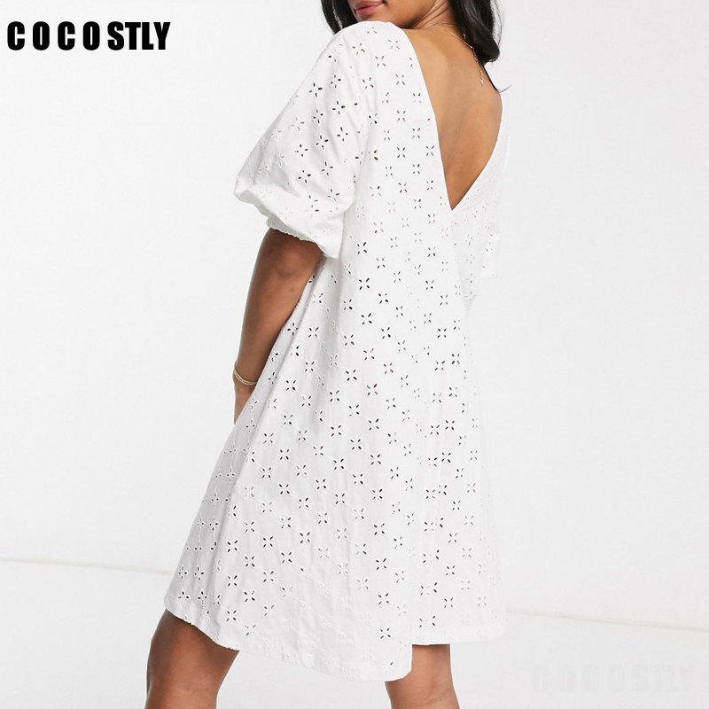 

2020 Summer Dress Women White Sexy V-Neck Backless Mini Party Dress Women Hollow Out Embroidered Loose Beach Dresses Vestidos