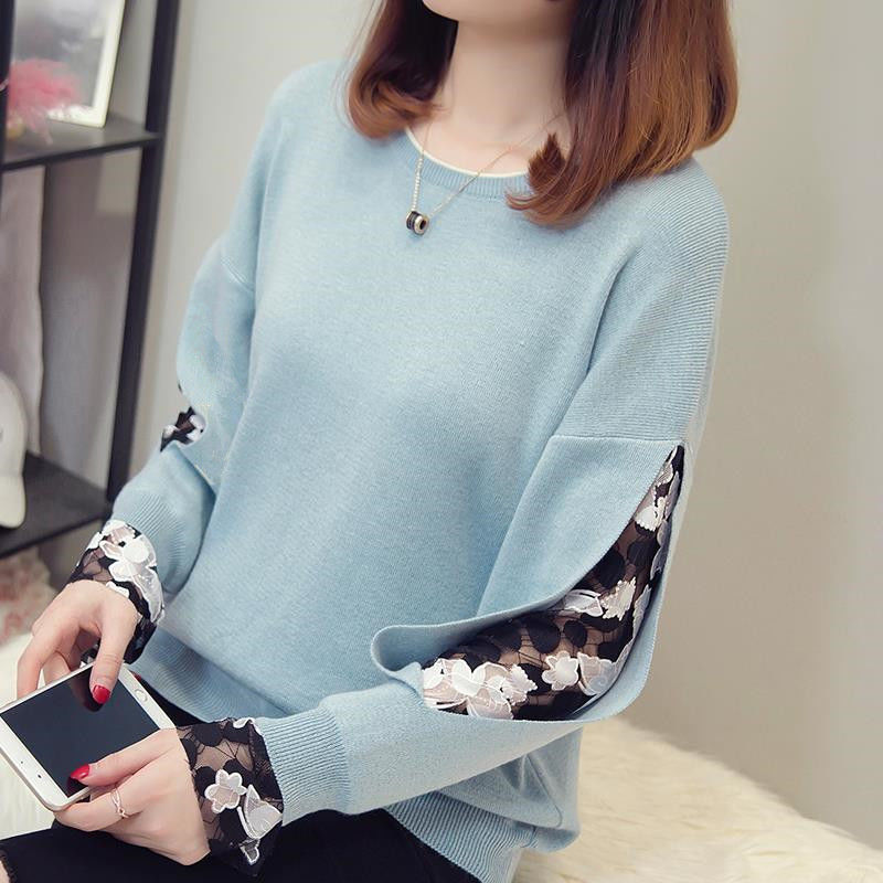 

Lazy Spring and Autumn Women's Lace Loose Fake Two-Piece Pullover round Neck Bottom Knitted Top Women, Black