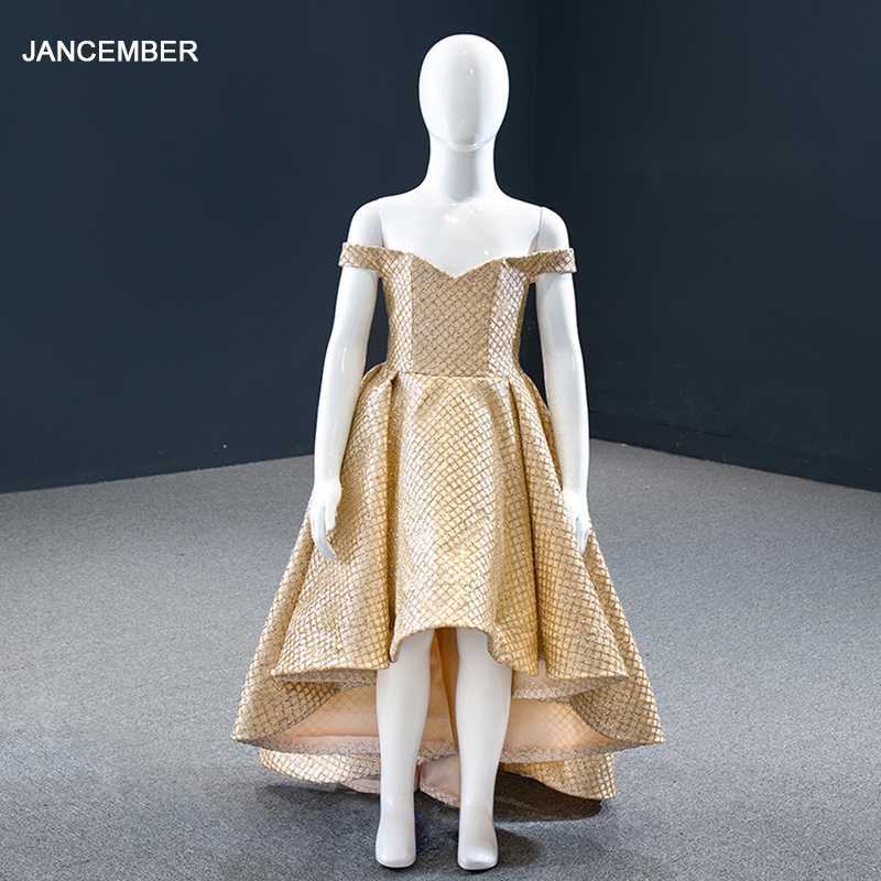 

J66731k New Jancember Gold Grids Short Before Long Flower Girl Dress Off The Shoulder Lace Up Back Robe de demoiselle d'honneur, As picture