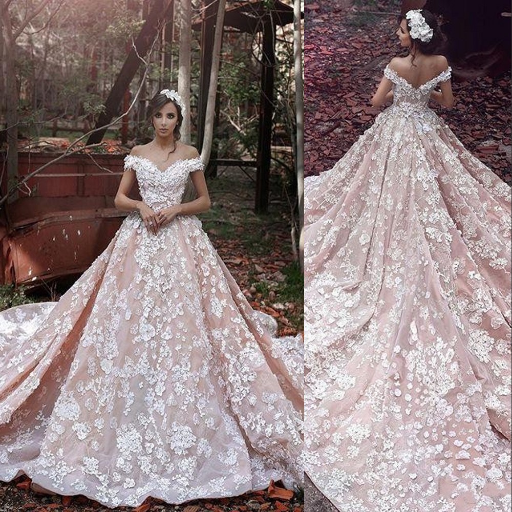 

2020 Blush Pink Off Shoulder Ball Gown Wedding Dresses Lace Appliques Beads 3D Flowers Long Cathedral Train Princess Formal Bridal Gowns, White