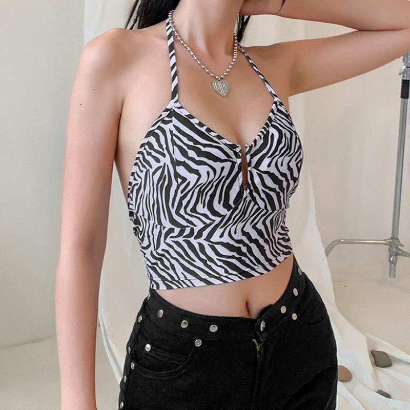 

Zebra Pattern Sexy YOga Vest Women Stitching Hanging Neck Halter Exposed Navel Camisole Black White Stripes Female Top, As pic