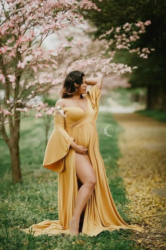 

New Long Sleeve Maternity beautiful Dress Pregnant Women Clothes Photography Pregnancy Dress Maternity Dresses for Photo Shoot, Gold