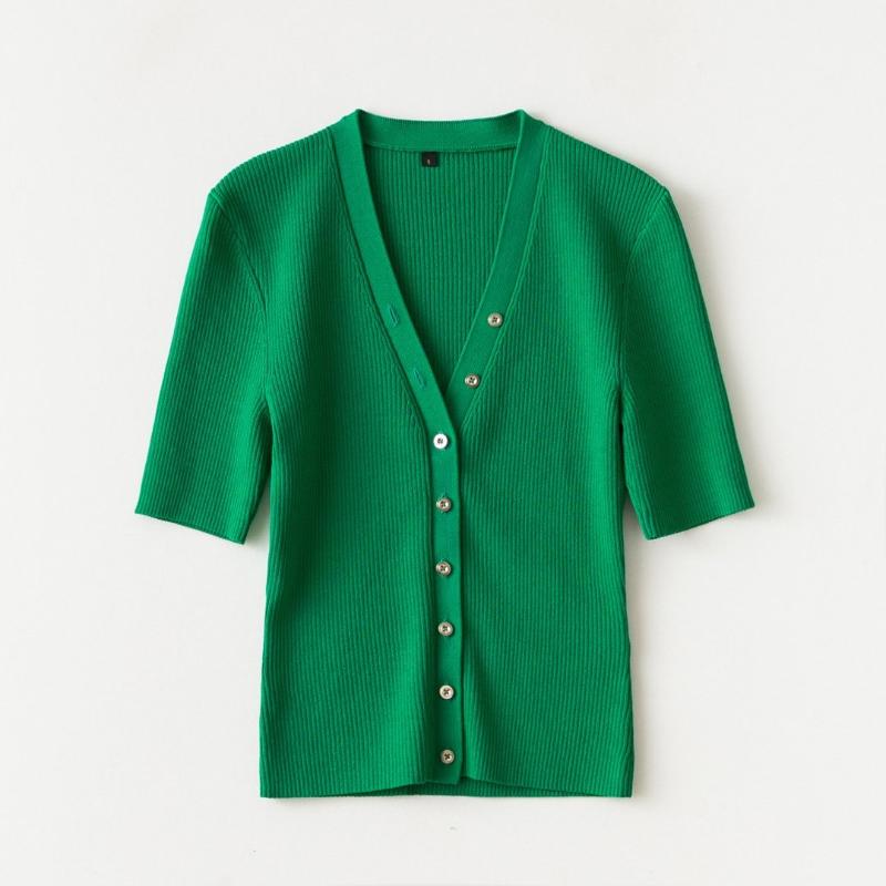 

2020 new ladies fashion short sleeve casual solid color V-neck knit top 0711, Green