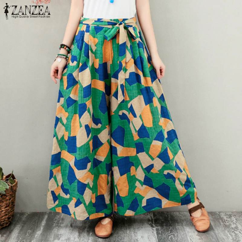 

ZANZEA Women Geometric Printed Wide Leg Pants Vintage Long Trousers Summer Flare Pants Lace Up Beach Casual Loose Pantalon, Green
