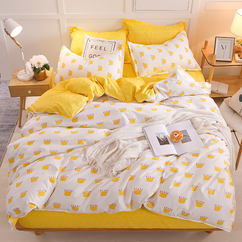 

Yellow Crown Single Bed Set Reactive Printed Simple Double Bed sheet ropa de cama Queen Linen King Size Bedding