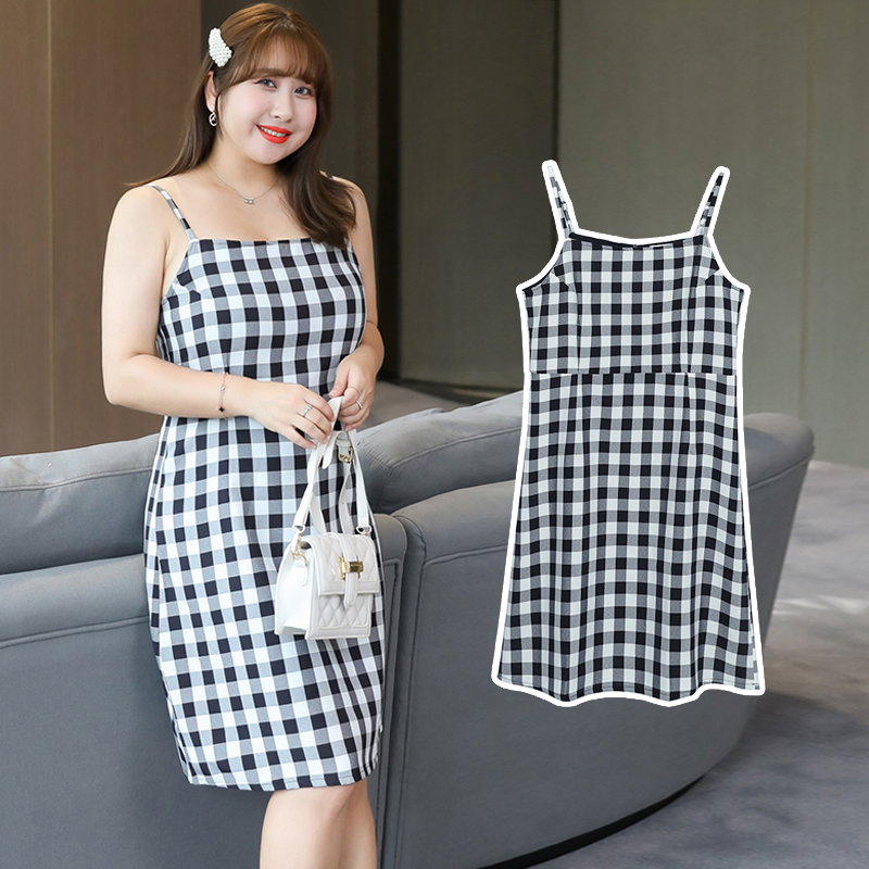 

Chubby Girl women's dress plus size summer new French sexy contrast plaid skirt large size 2044, Black