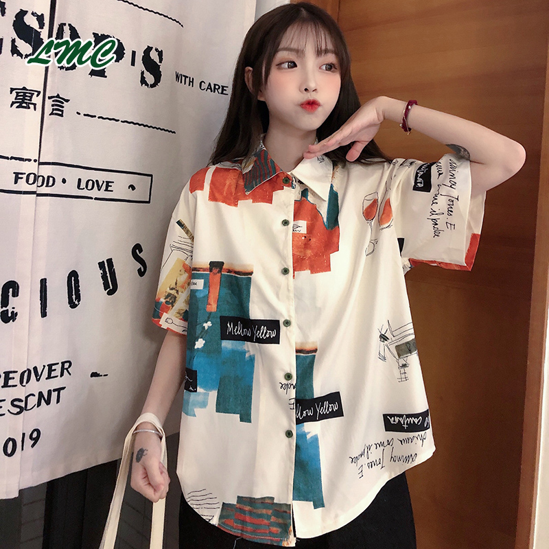 

LMC/Casual Color Block Vintage Print Shirt Women's Summer Shirts Kawaii Ulzzang Lovely Female Sweet Harajuku Cute Top For Women, As shown