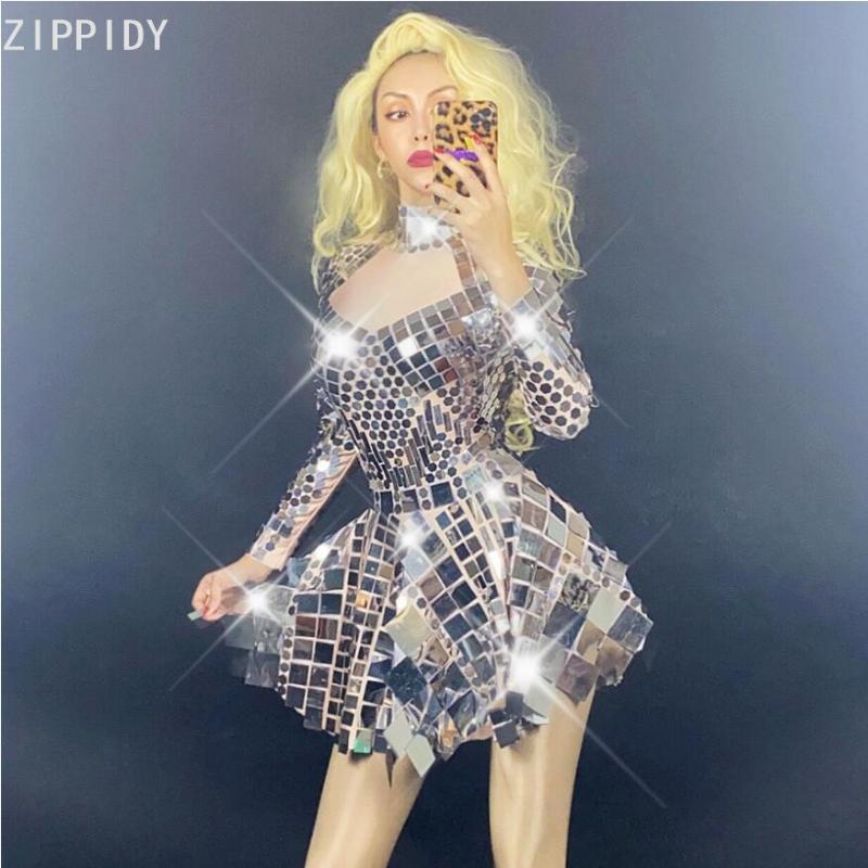 

Sparkly Silver Sequin Spandex Short Dress Birthday Celebrate Mirror Outfit Bar Prom Party Women Dancer Dress YOUDU