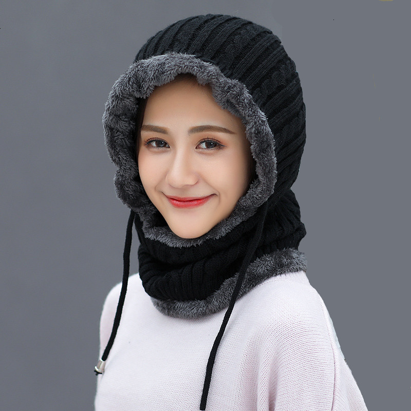 

Simple Woman Skullies Beanies Riding Windproof Mask Ear Protect Balaclava Winter Hats For Women Thick Warm Knitted Cap, Black