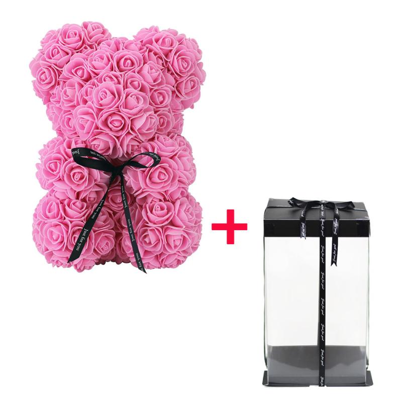 

DIY 25 cm teddy rose bear with box artificial PE flower bear rose Valentine's Day for girlfriend women wife mother's day gift, Pink 25cm