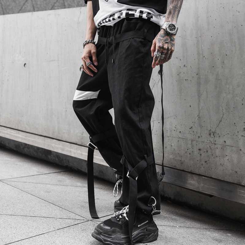 

2020 Spring Hip Hop Joggers Black Harem Pants Multi-pocket Ribbons Sweatpants