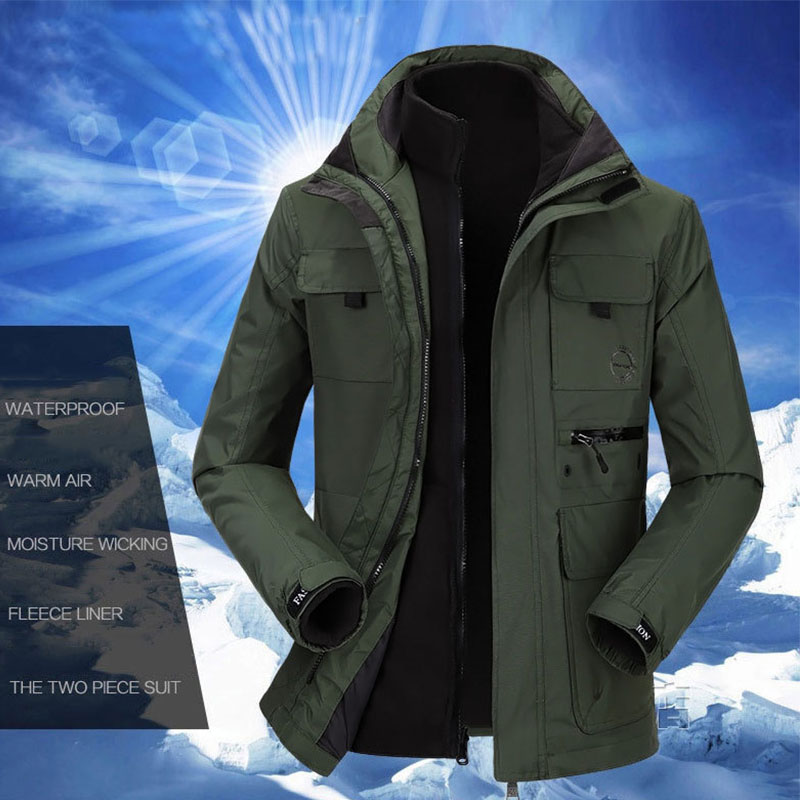 

Men Outdoor Winter Warm Tactical Jacket Waterproof Fleece Liner Thermal Thicken Coat Windbreaker Hiking Climbing Hooded Jackets, Khaki