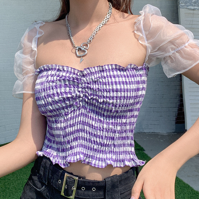 

Women' Puff Short Puff Sleeve Top Cute Square Neck Frill Smocked Crop Top Plaid T-Shirt, Blue