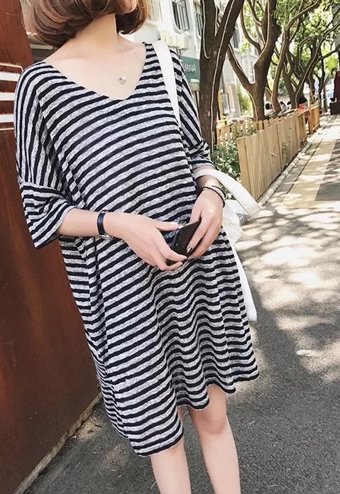 

Maternity dress summer dress short-sleeved large size stripes in the long section was thin half-sleeved thin section compassiona, Black