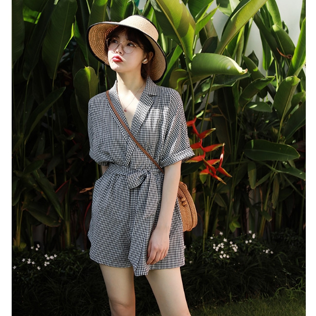 

V Neck Casual Playsuit Female Korean Style Short Sleeve Romper Overalls Jumpsuits for Women Loose Summer One Piece Streetwear, Black