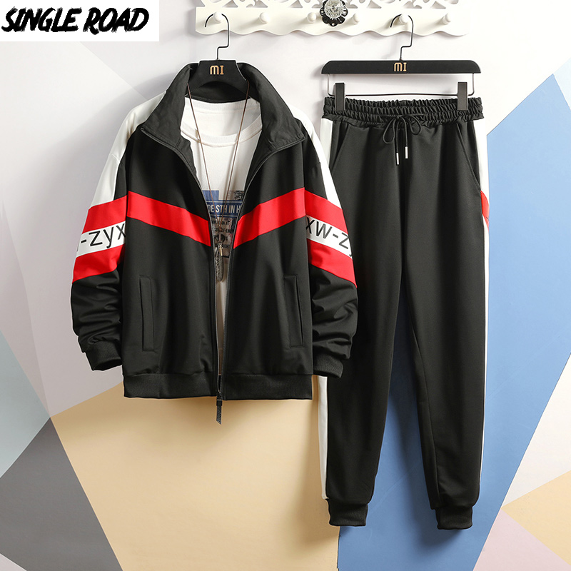 

SingleRoad Men's Sportswear Japanese Streetwear 2020 Patchwork Hoodies Side Striped Pants Hip Hop Tracksuit Punk Clothes For Men, Red sets men