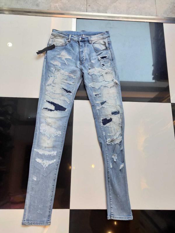 

men heavy destroyed damaged stitching patches slim fit lt blue jeans, As pic