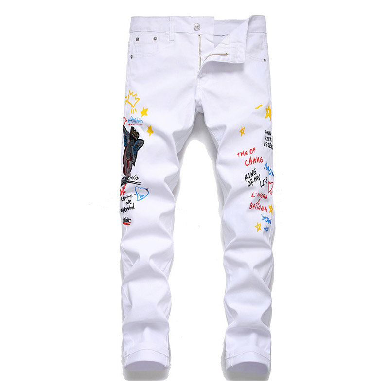 

KIOVNO Men Fashion Printed Jeans Pants Pattern Embroidery Streetwear Demim Trousers Male Night Club Wear, White