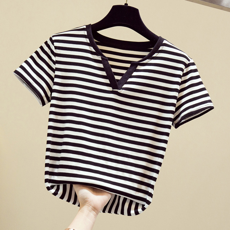 

Women Summer Harajuku Cotton Stripe T-shirt Casual Tees Tops V Neck Short Sleeve Cold Shoulder Black White Female Slim T shirt, Brown