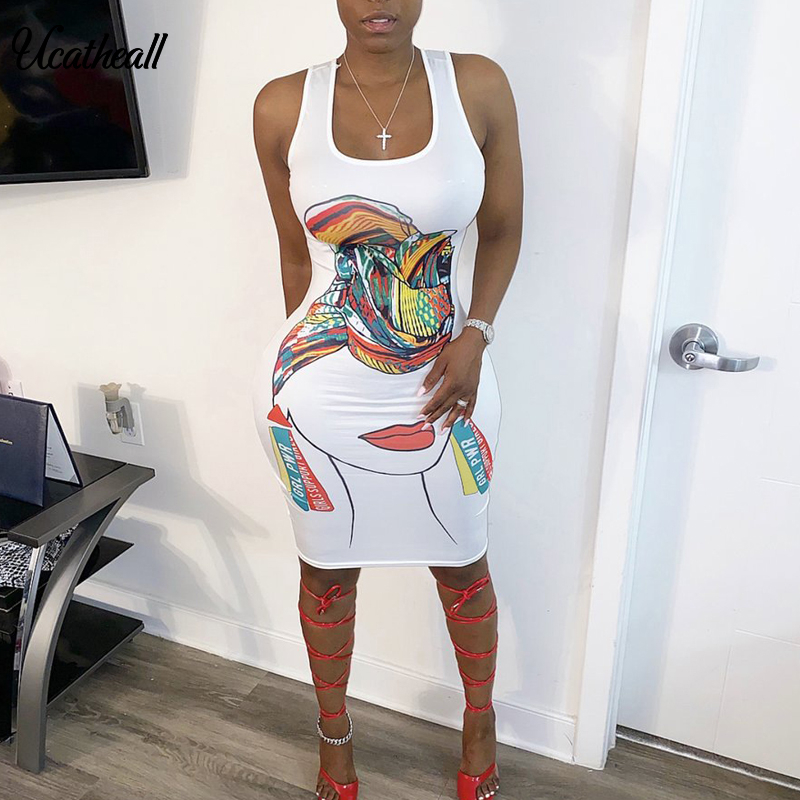 

Club Outfit Cartoon Print Casual Women Dress Sleeveless Round Collar Sleeveless Hollow Out Summer Streetwear Sheath Lady Dress, Black