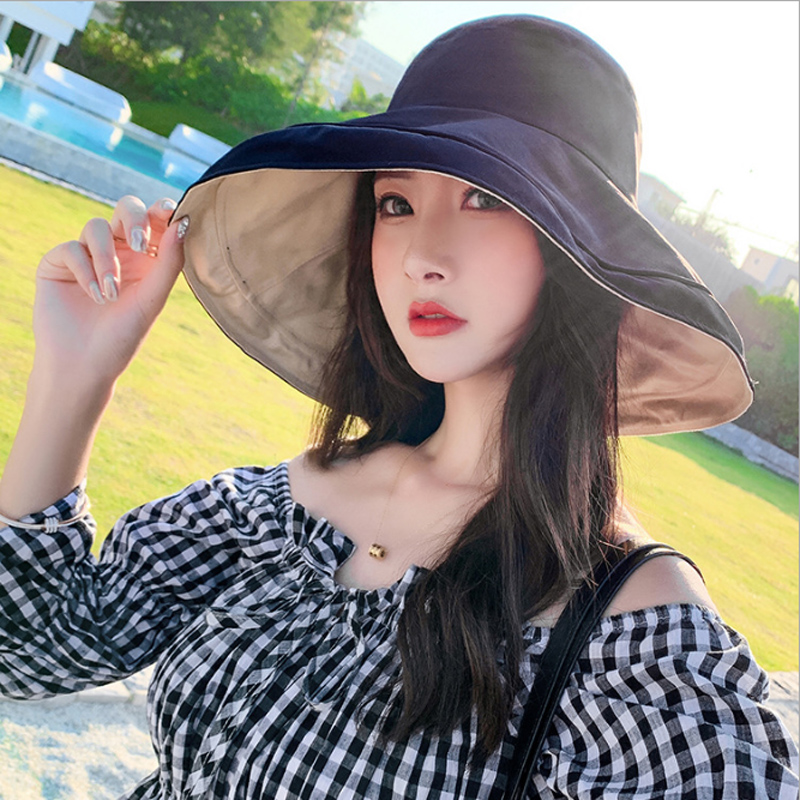 

2020 Summer Sun Hat Women Double-sided Foldable Cotton Anti-UV Beach Hats Floppy Hats Big Wide Brim Sunscreen Female Bucket hat, Black