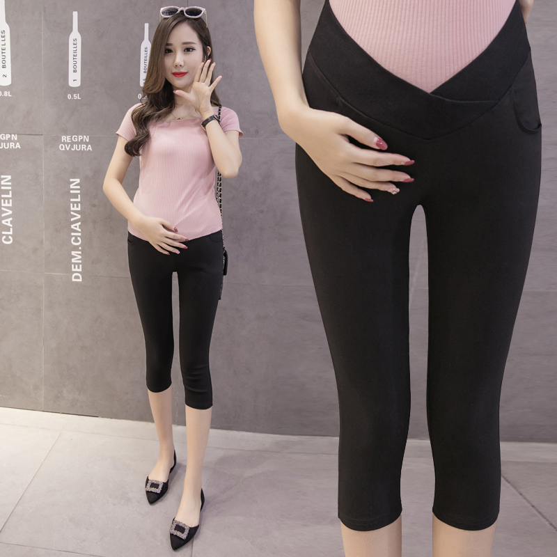 

119518# Maternity Pants Summer Support Abdomen Solid Color Low Waist Elastic Waist Belly Support Pants, Black