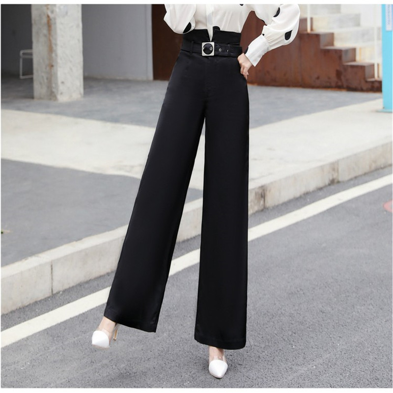 

Office Lady Wide Leg Pants Loose Smooth High Quality 2020 Spring Autumn Solid Long Trousers High Waist Women Suit Pant Female, Black