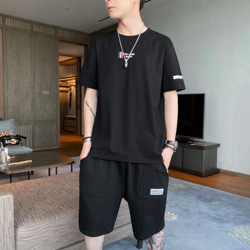 

Sports and leisure suit men's Korean version of the trend of the summer ice ice short-sleeved shorts with two handsome boys, Black