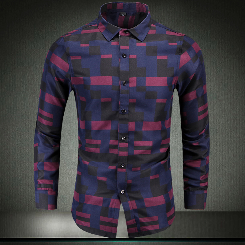

New Autumn High-end Fashion Men lattice lapel Clothes Slim Men Long Sleeve Shirt clothes Casual male All-match Shirt Plus Size, Blue