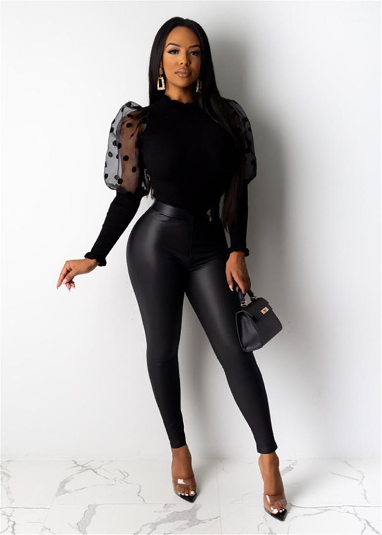 

Dot Puff Sleeve Ruffle Collar Womens Designer Shirts Solid Color Female Tops Panelled Autumn Womens Blouses Winter Polka, White