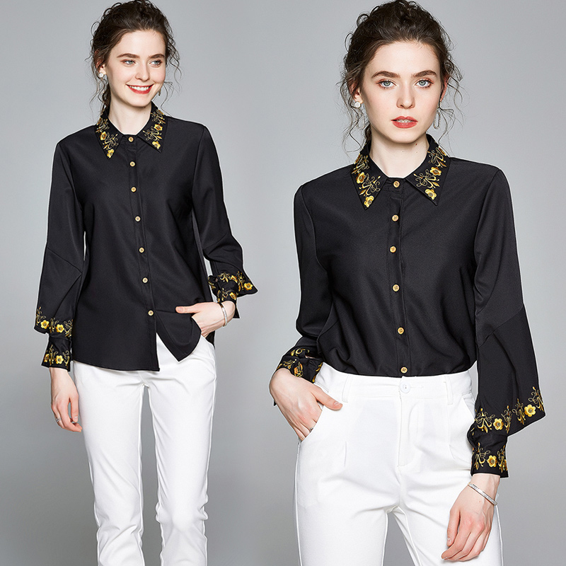 

Luxury Designer Women's Slim Black Floral Embroidery Shirts 2020 Runway Fashion Ruffle Design Ladies Casual Office Lapel Neck Blouses Tops, Customize