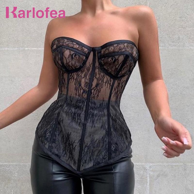 

Kealofea Corset Bustiers Shirt Female Tops Sexy See Through Lace Underwired Outfits Wear Strapless Tube 2020 Sleeveless Top New, Khaki