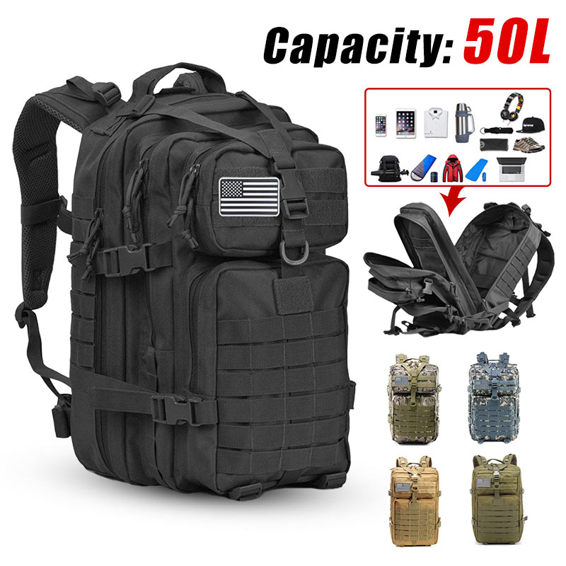 

50L Large Capacity Army Tactical Backpack Man Bag Outdoor 3P Waterproof Pack Cycling Hiking Sports Climbing Hunting Bag, Khaki