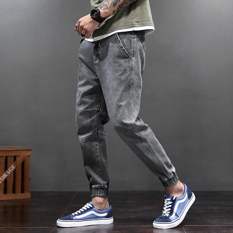 

Fashion Streetwear Men Jeans Loose Fit Elastic Spliced Designer Cargo Pants Slack Bottom Haram Jeans Hip Hop Joggers Men, Gray