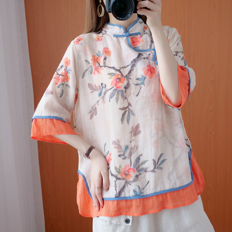 

Summer National Retro Chinese Style Improved Tang Suit Tops Cotton Linen Three Quarter Sleeve Loose Stand Collar Printed Top