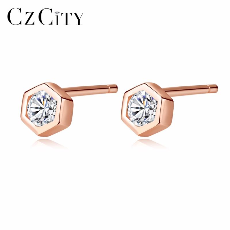 

CZCITY Small Geometric Cubic Zirconia Stud Earrings for Women Rose Gold Color Sterling Silver 925 Hexagon Earrings Jewelry