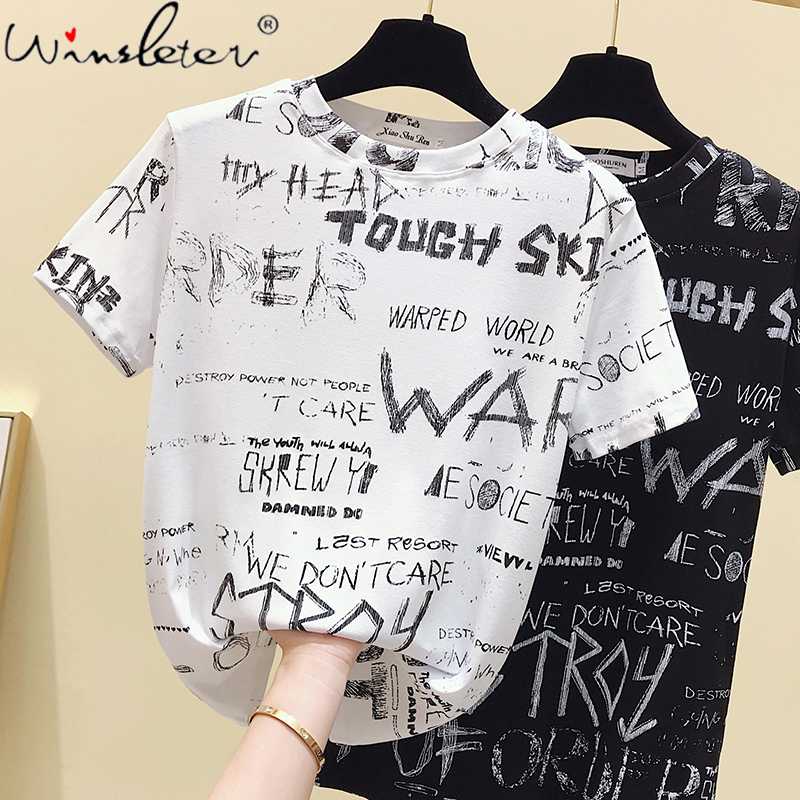

Women T Shirts Letter Printed Tshirt Tops Female T-shirts Cotton Short Sleeve Tee Shirt Summer Fashion Woman T-shirt T07404B, Black tshirt