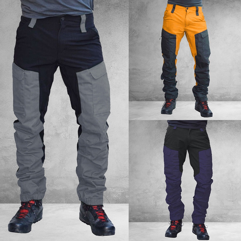 

Men's Colorblock Trousers Slim Sports Pants Fashion Casual Pants Multi-pocket Overalls with Zipper, 3xl
