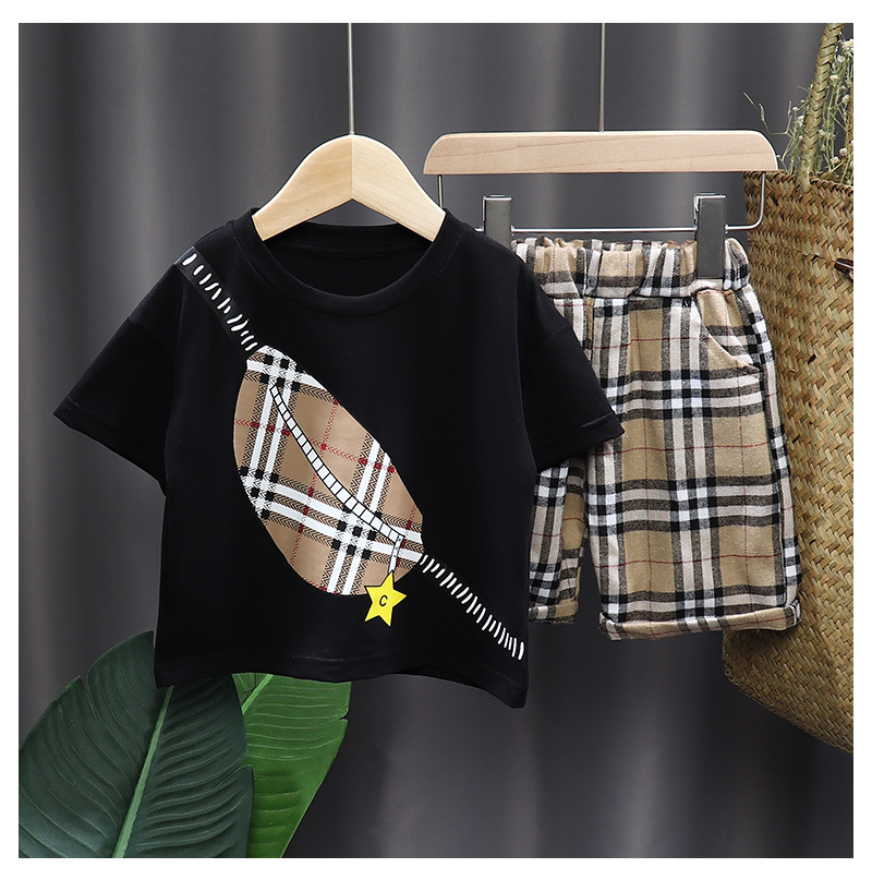 

Infant Baby T-shirts Tops Shorts Boys Clothes Set New Boys Short Sleeve Plaid Children's Sets, Black