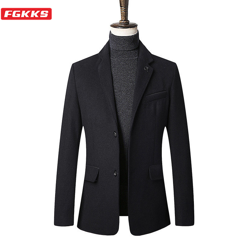 

FGKKS Men Wool Blend Coat Winter Brand Men's Fashion Comfortable Overcoat Business Casual Slim Thick Wool Coats Male Clothing, Black