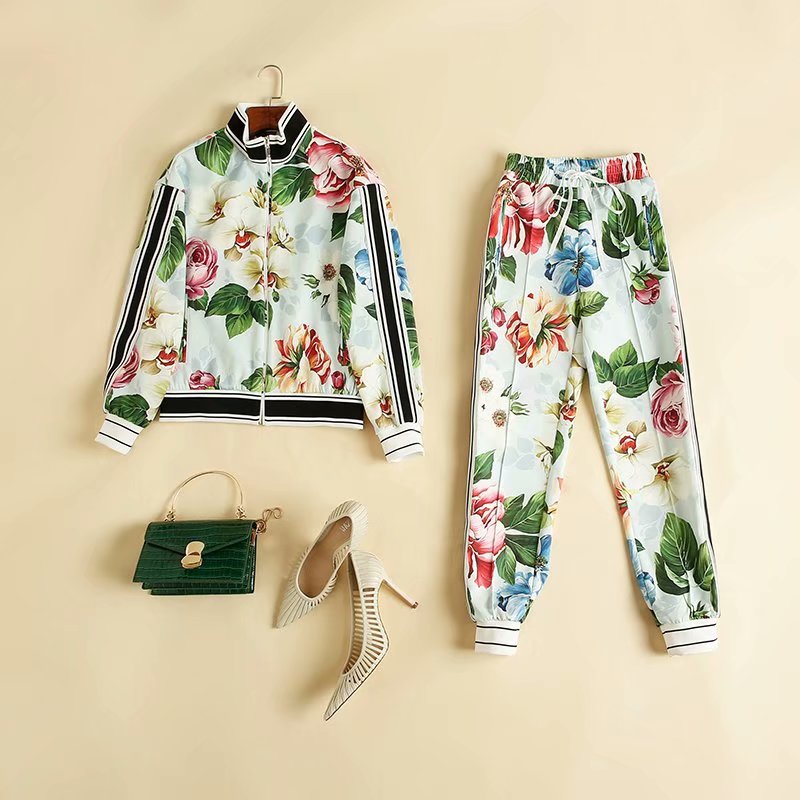 

European and American women's clothing 2020 winter new style Long-sleeved floral print zipper coat trousers Fashion suits, White