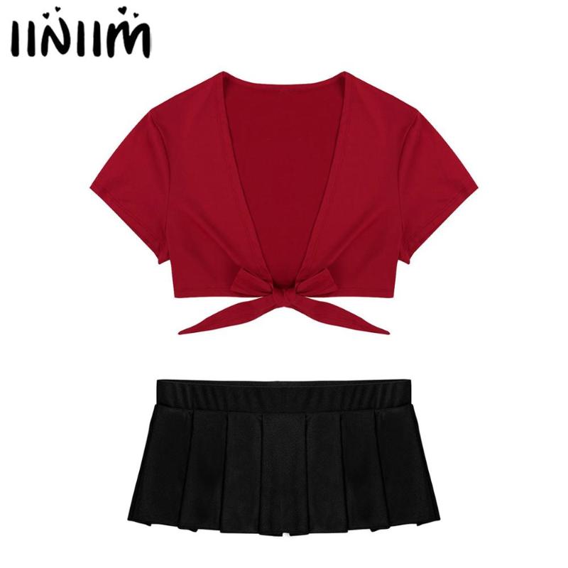 

Womens Hot Schoolgirl Cosplay Costume Open Front Tie Up Bolero Crop Top with Pleated Mini Skirt Gleeing Sexy Party Clothing Set, Black