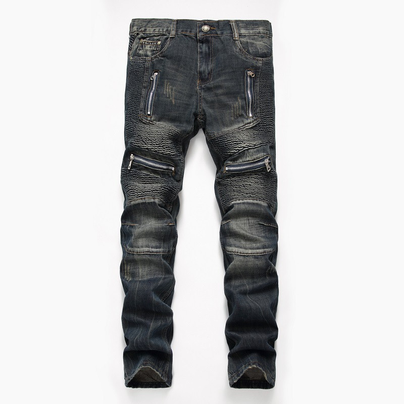 

MORUANCLE Mens Vintage Biker Jeans Pants Pleated Retro Motorcycle Denim Trousers Hi Street Jeans Plus Size 29-42 Straight Fit, Blue