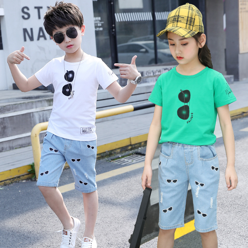

Toddler Boy Summer Clothes Fashion 2020 Kids Clothing Set Eyeglass Print Tops + Denim Pants 2 Pcs Clothes Set Baby Boys Outfits, Boys green set