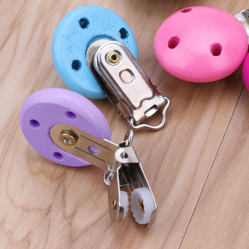 

5pcs Metal Wooden Baby Pacifier Clips Solid Color Holders Infant Soother Clasps
