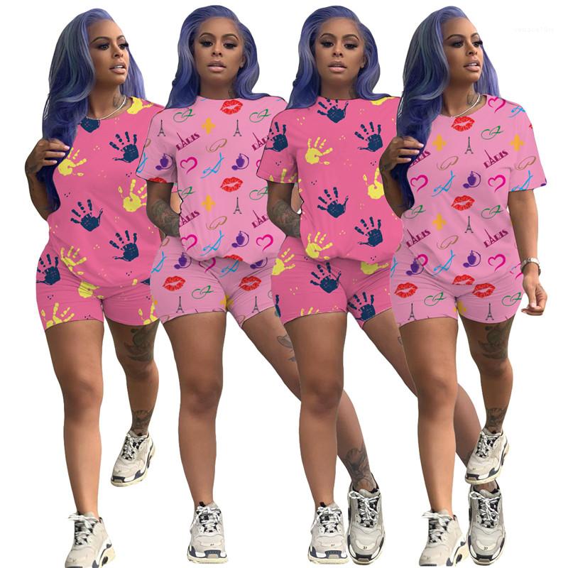 

Short Sleeve Two Piece Jogger Set Ladies Casual Cute Lips Palms Female Tracksuit Womens Fashion Contrast Color Tracksuits