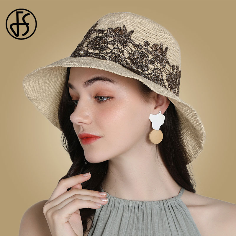 

FS 2020 New Summer Women Sun Hats With Lace Ladies Solid Plain Elegant Wide Brim Hat Female Round Top Floppy Straw Beach Hats, Pink